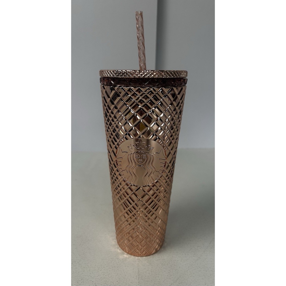 Starbucks 2021 Rose Gold Studded Mirrored Winter Holiday 24oz Tumbler Mug &Straw
